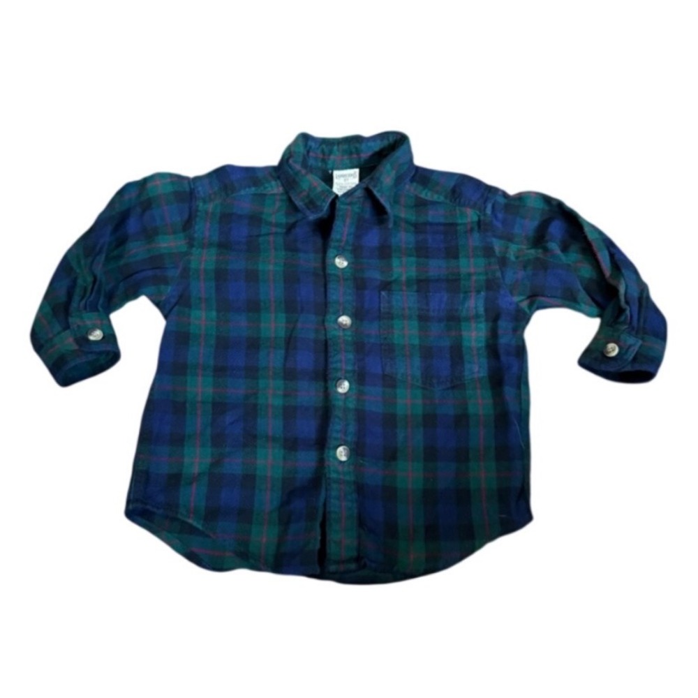 Lands End Boys 2T Flannel Shirt Blue Green Plaid Long Sleeve Button Down Cotton